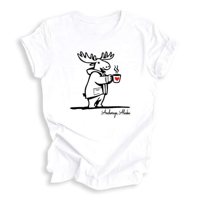 Cozie Moose with Coffee Anchorage Alaska T-Shirt