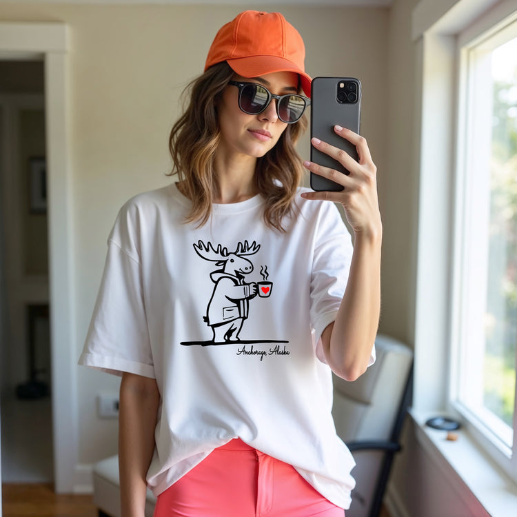 Cozie Moose with Coffee Anchorage Alaska T-Shirt