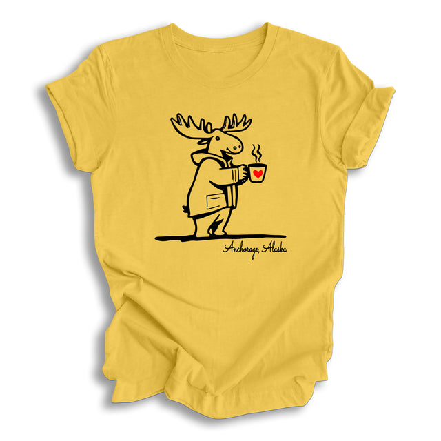 Cozie Moose with Coffee Anchorage Alaska T-Shirt