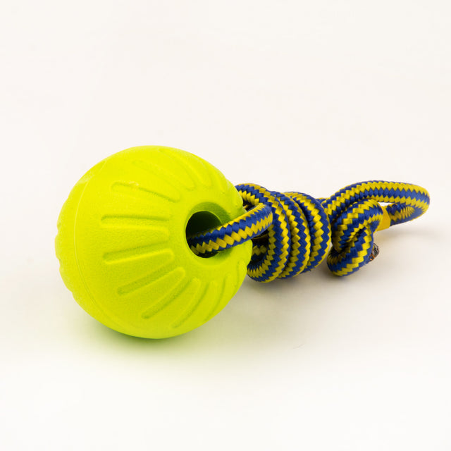 Virtually Indestructible Foam Fetch Dog Ball with Soft Touch Rope Handle - Medium 12"x2.75"