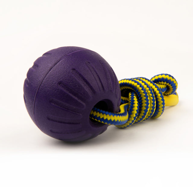 Virtually Indestructible Foam Fetch Dog Ball with Soft Touch Rope Handle - Medium 12"x2.75"