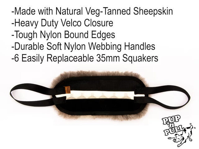 Sturdy Sheepskin Dog Tug with Handles and Replaceable Squeaker Pocket - Interactive Training & Motivation Toy