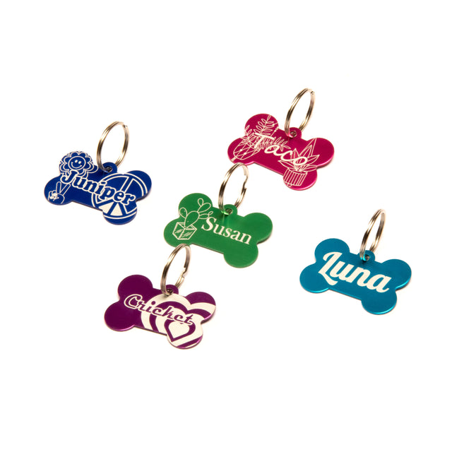 Engraved Pet ID Tags in 1" Round or 1.5" Bone Shapes, 10 Colors – Multiple Designs