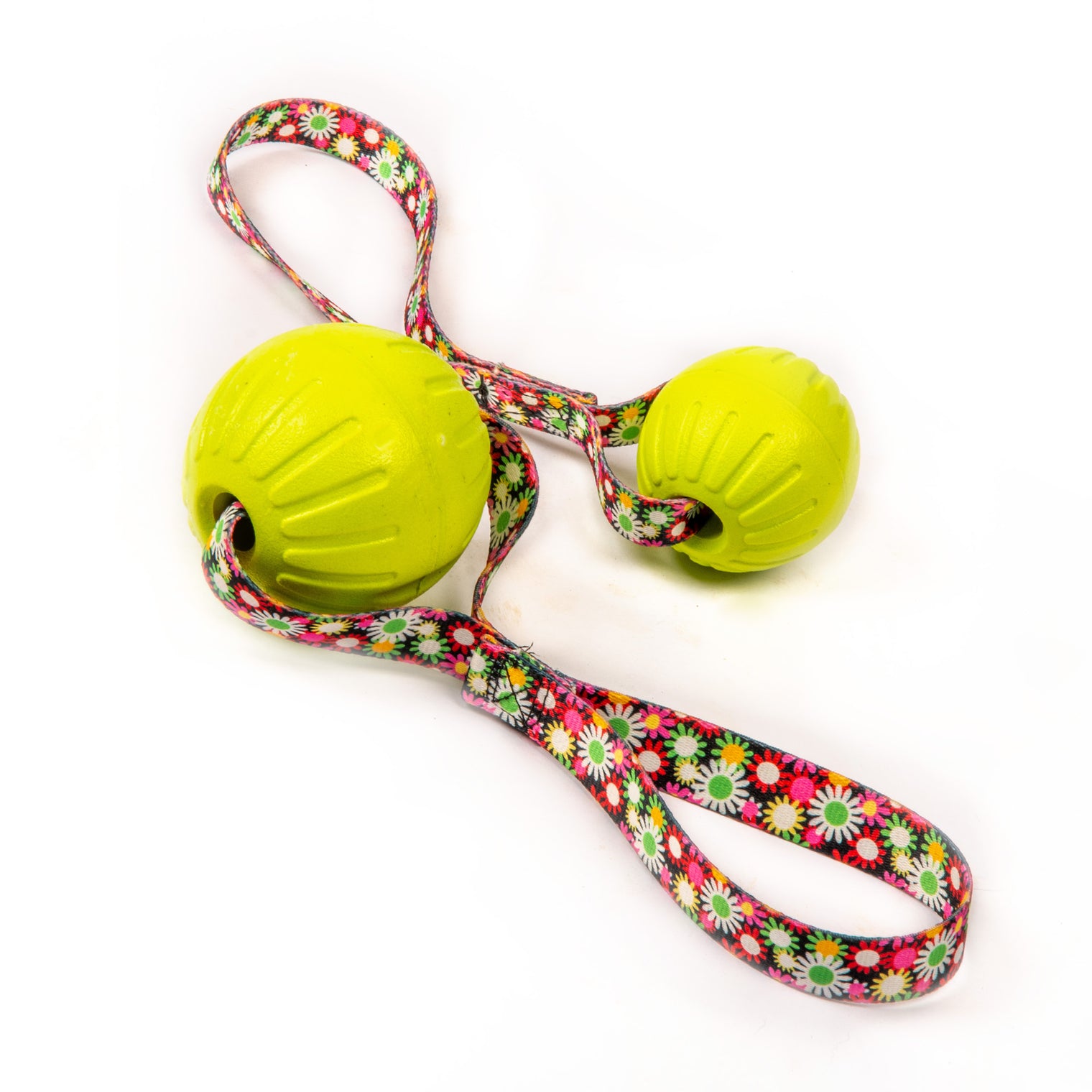 Virtually Indestructible Foam Fetch Dog Ball with Heavy-Duty Tug Handle - Large 13"x3.5" Neon Flowers