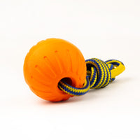 Virtually Indestructible Foam Fetch Dog Ball with Soft Touch Rope Handle - Medium 12"x2.75"