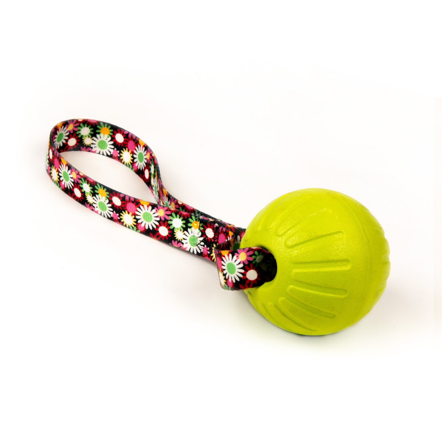 Virtually Indestructible Foam Fetch Dog Ball with Heavy-Duty Tug Handle - Medium 12"x2.75" Neon Flowers