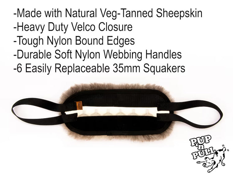 Sturdy Sheepskin Dog Tug with Handles and Replaceable Squeaker Pocket - Interactive Training & Motivation Toy