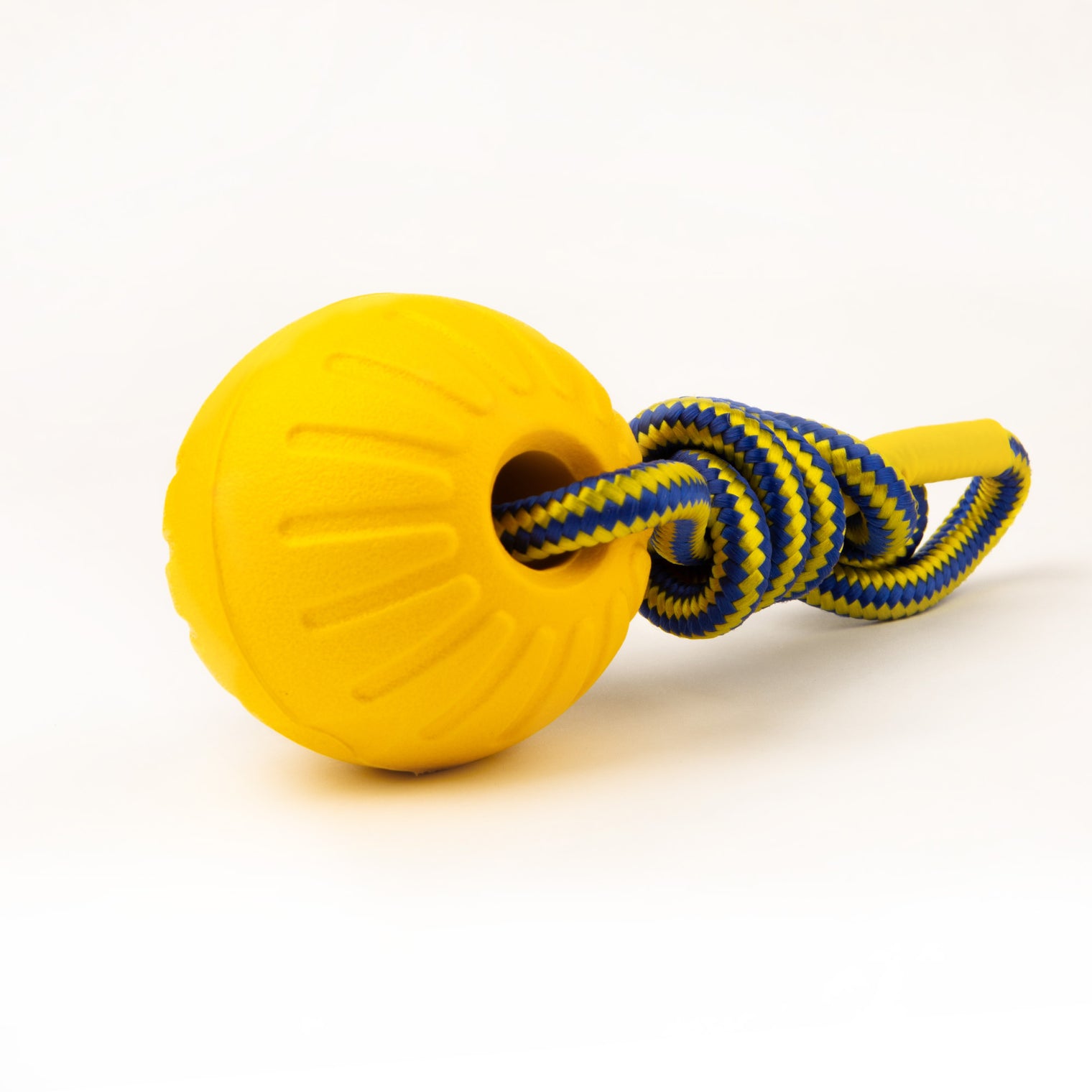 Virtually Indestructible Foam Fetch Dog Ball with Soft Touch Rope Handle - Medium 12"x2.75"