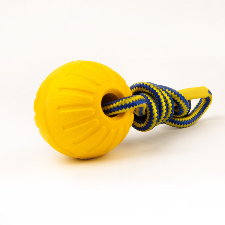 Virtually Indestructible Foam Fetch Dog Ball with Soft Touch Rope Handle - Medium 12"x2.75"